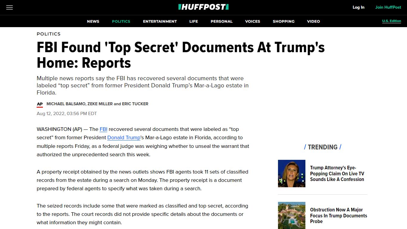 FBI Found 'Top Secret' Documents At Trump's Home: Reports